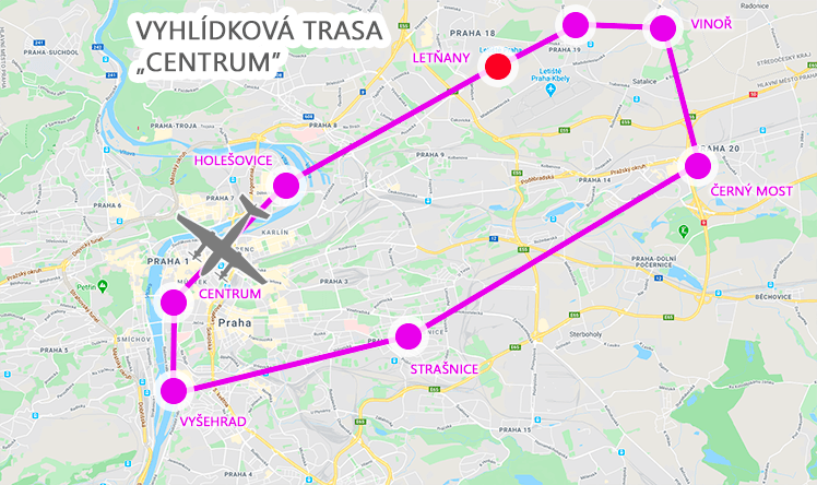 Mapa, vyhlídkový let nad Prahou